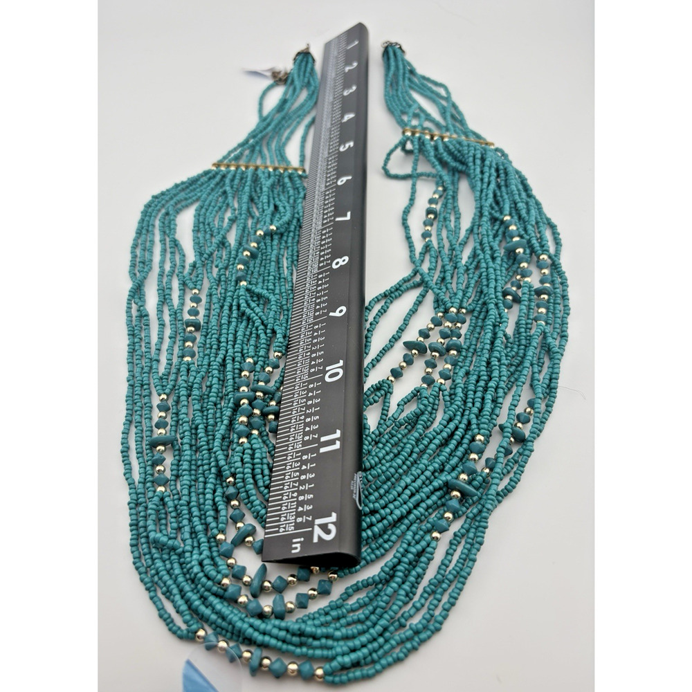 Southwest Style Turquoise Blue Seed andBrass Bead 30 Multi Strand Necklace 26" - Picture 4 of 4